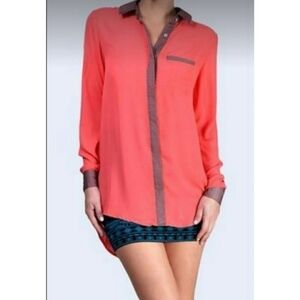 Free People Sheer Oversized Long Sleeve Button Up Coral Brown Trim Top Small